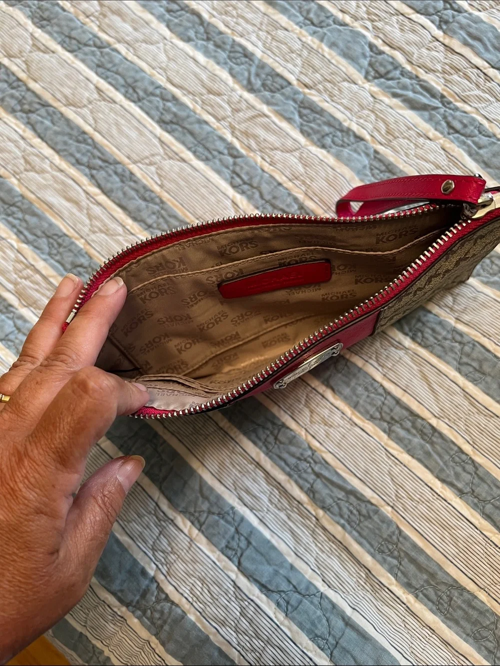 Michael Kors Brown Monogram Wristlet with PINK Center Panel